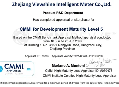 VIEWSHINE Mendapatkan Sertifikasi CMMI Level 5, Memvalidasi Keunggulan dalam Meter Gas Cerdas